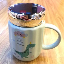 厂家直销可爱创意绿色小恐龙陶瓷带盖杯