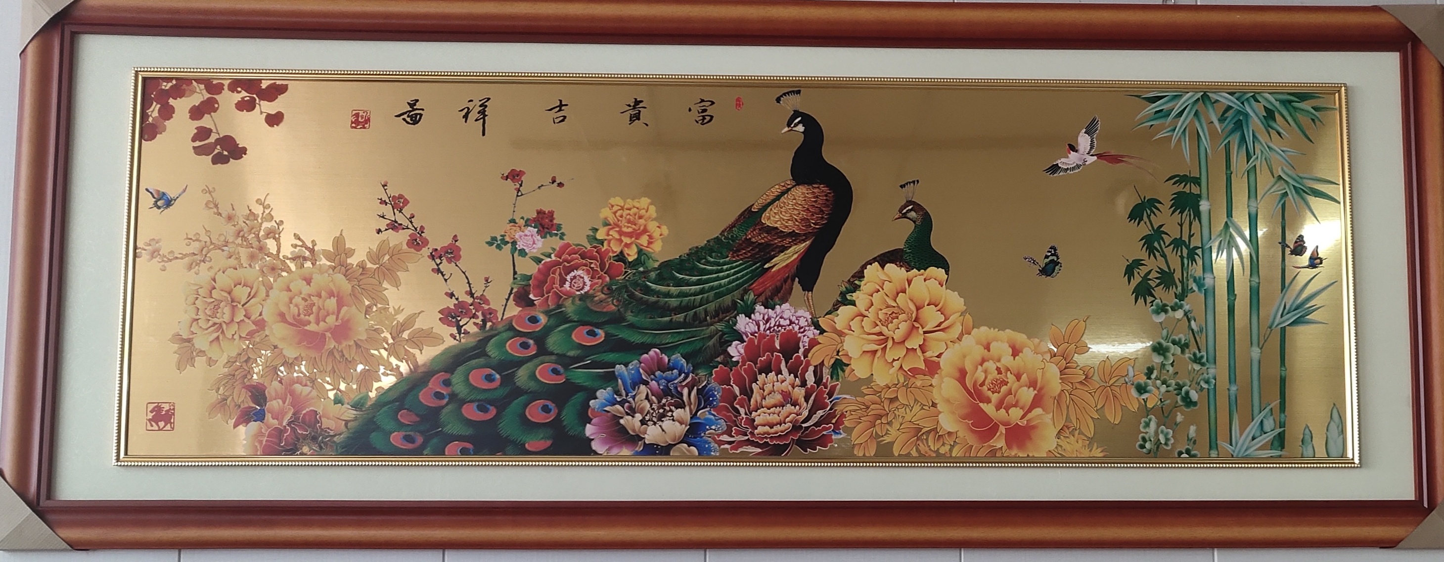 Shangshu Home Furnishing 80X160cm Wealth and Auspiciousness Peacock Handcrafted Wood Carving Decorative Painting