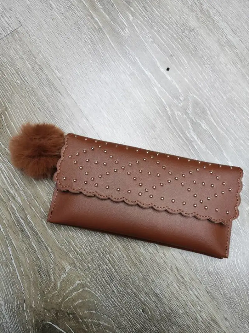 Brown Riveted Pu Women's Shoulder Bag With Hairball