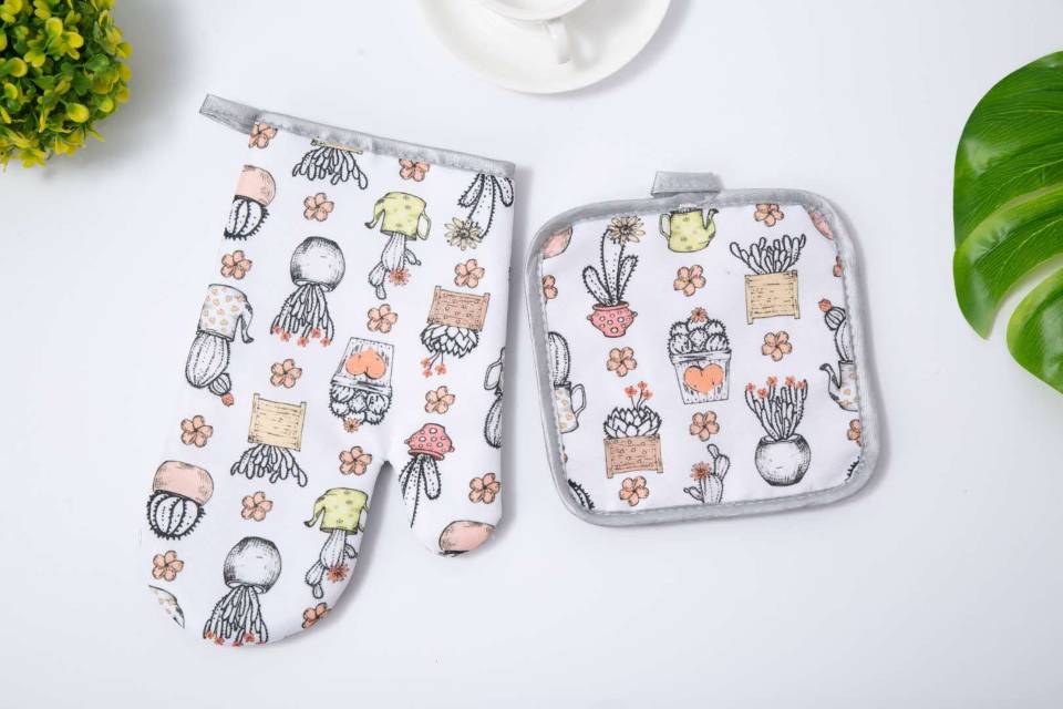 Household Oven Insulated Gloves Bonsai Pattern Microwave Steaming Box Kitchen Baking High Temperature Resistant Heat Resistant Heat Insulation Non-Slip Heavy Cotton Gloves Specification drawing