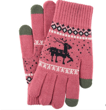 针织触屏手套女士冬季保暖加厚加绒户外骑行提花可爱麋鹿韩版手套