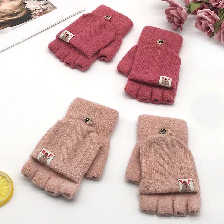 手套女冬季保暖可爱韩版学生卡通针织毛线提花翻盖半指两用手套细节图