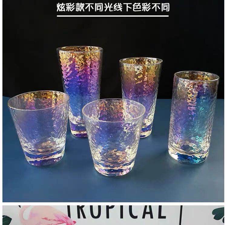 日式彩虹电镀手工锤纹玻璃杯饮水杯红酒果汁杯鸡尾酒杯七彩啤酒杯产品图