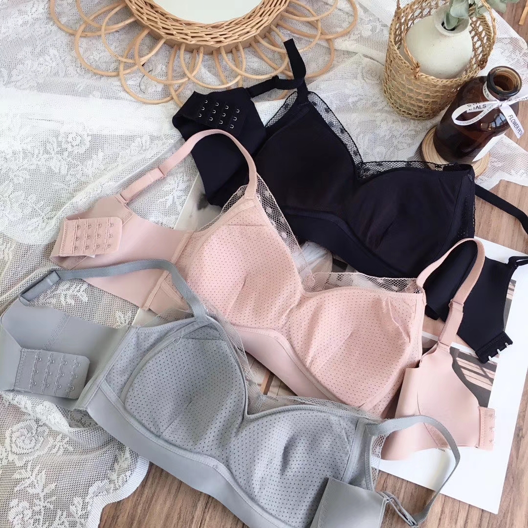 Flat lay of Sweet Lace Bra in three colors: pink, ivory, and nude