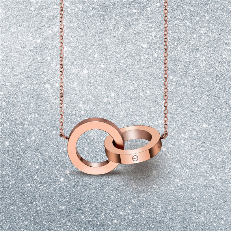 Female titanium steel double Ring necklace rose Gold LOVE eternal ring exquisite short clavicle chain thumbnail