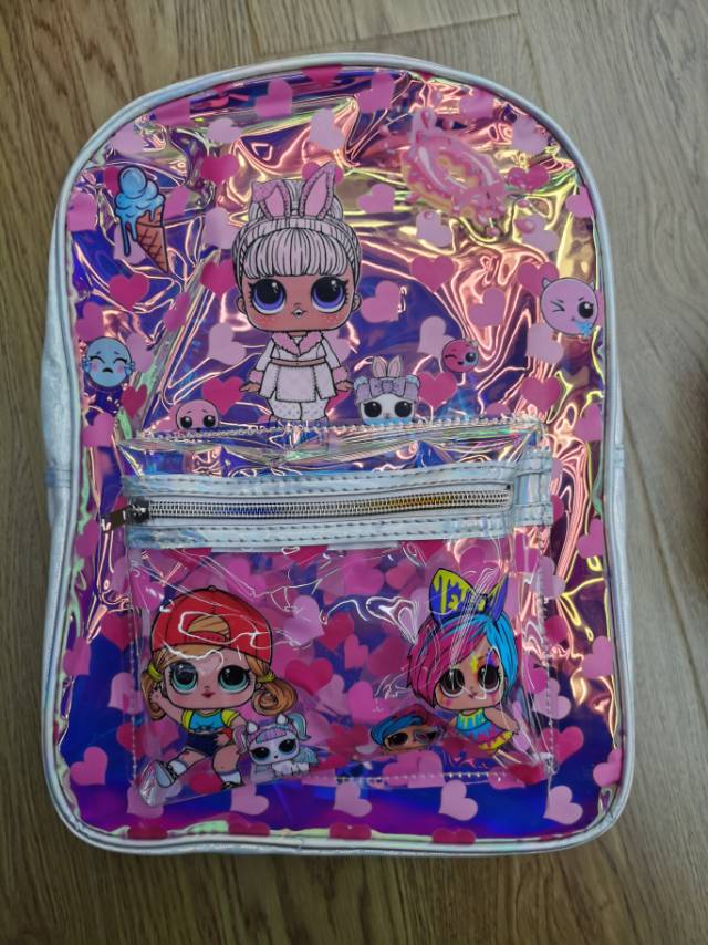 黑色惊喜娃娃半透明防水pu儿童双肩包