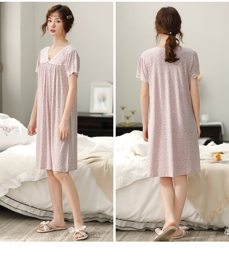 Nightdress Women Summer Cotton Short-Sleeved Mid-Length Pajamas Thin Home Wear Specification drawing