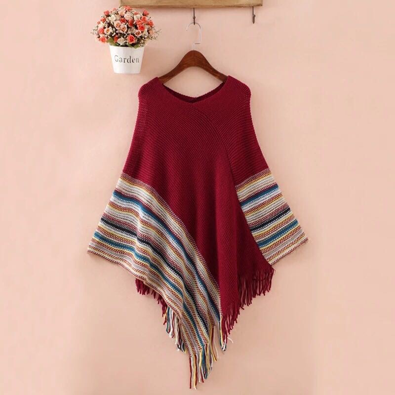 Fall New Coarse Knitted Sweater Tassel Cape Cape Cover 蝙蝠衫 Loose Cape