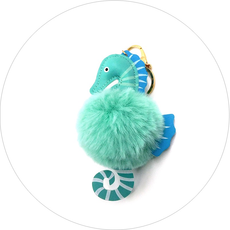Fur, leather, seahorse, fashionable and retro hairball keychain, fashionable bag pendant details Picture