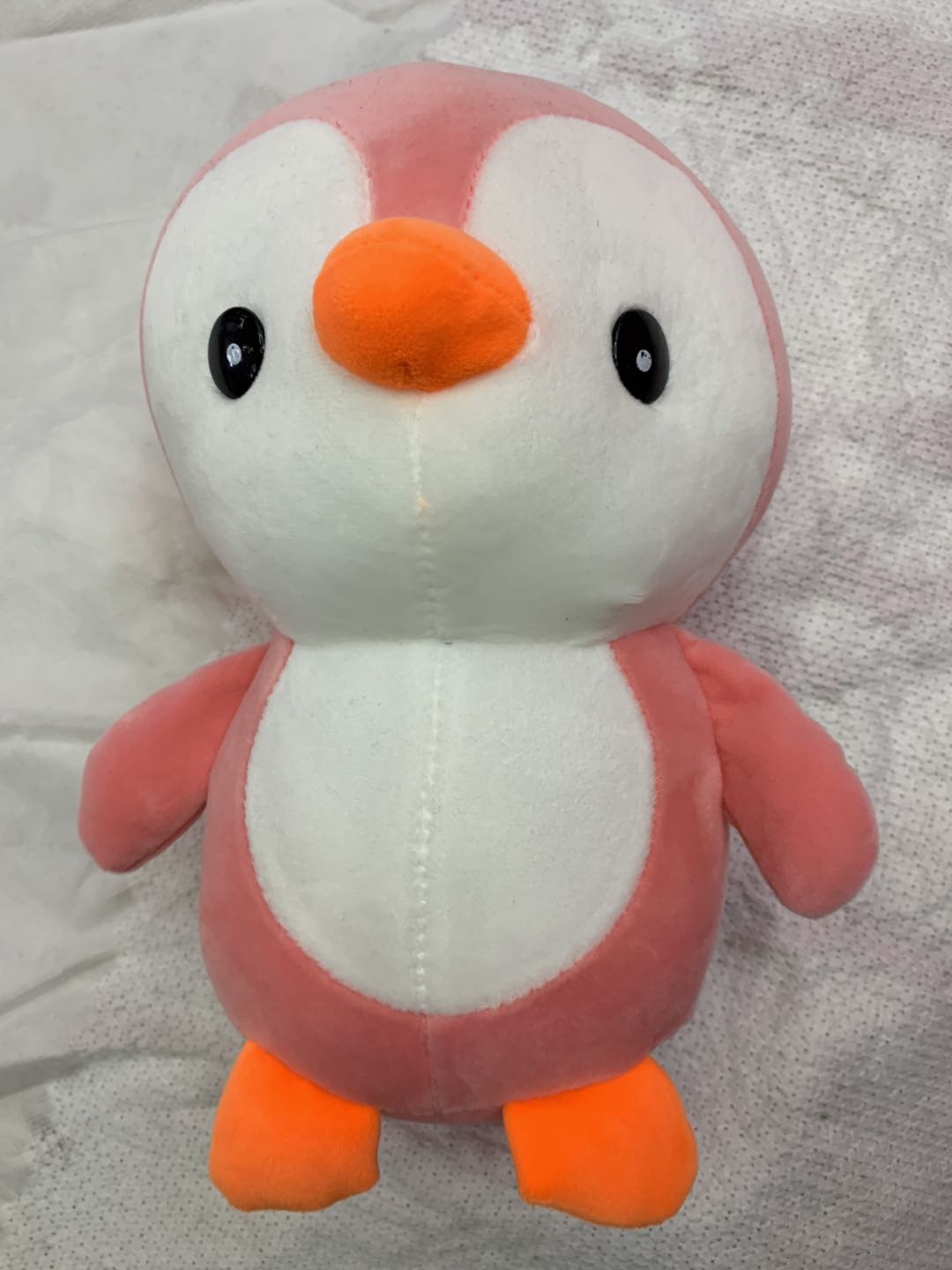 A four-sided plush toy, a yellow-crowned duck, is given to a child as a birthday present