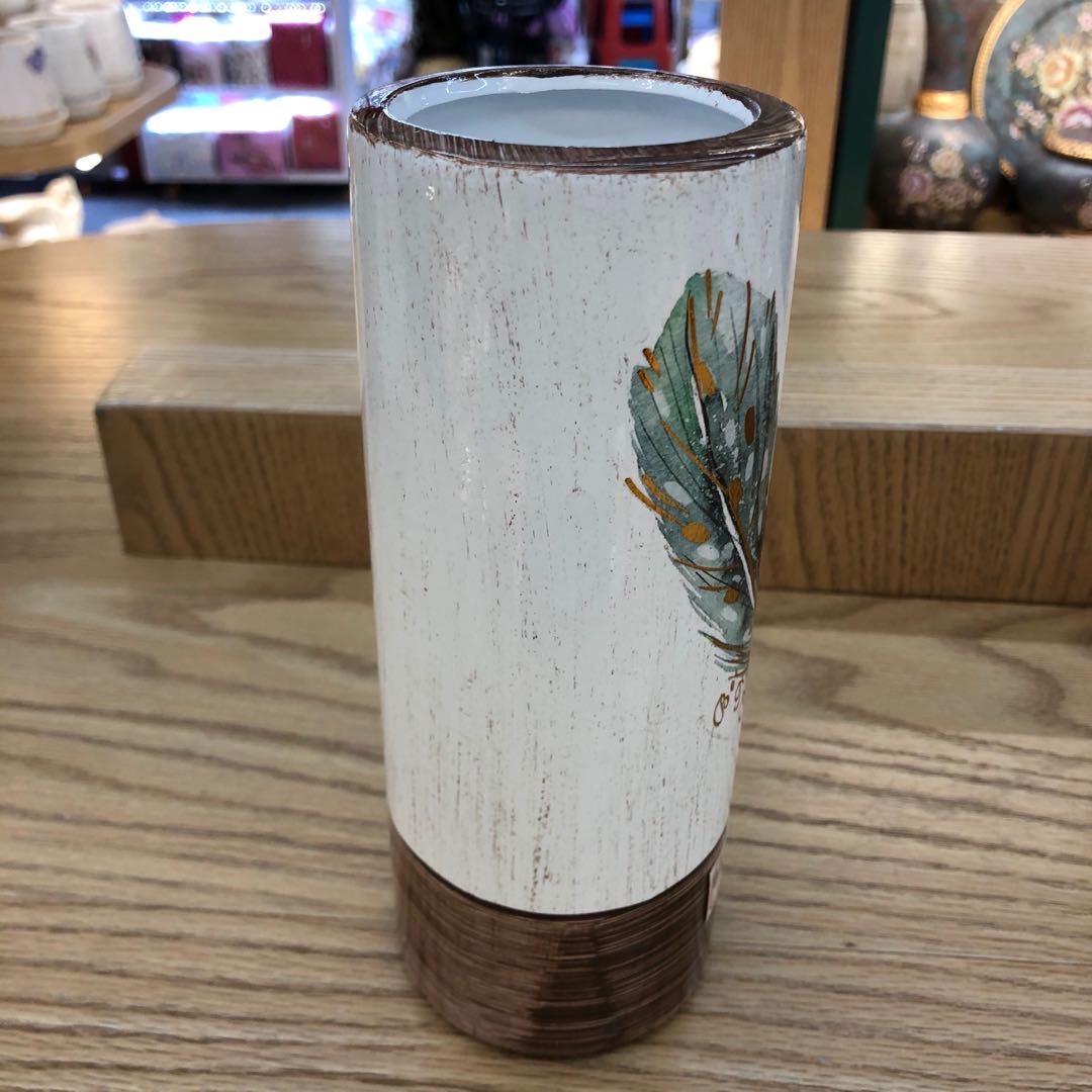 羽毛圆柱陶瓷花盆工艺品装饰摆件欧式复古花瓶