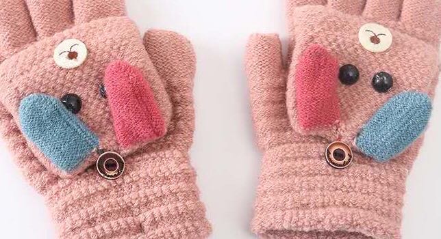 冬季加绒成年儿童保暖手套5-12岁学生卡通羊绒针织翻盖半指手套2产品图