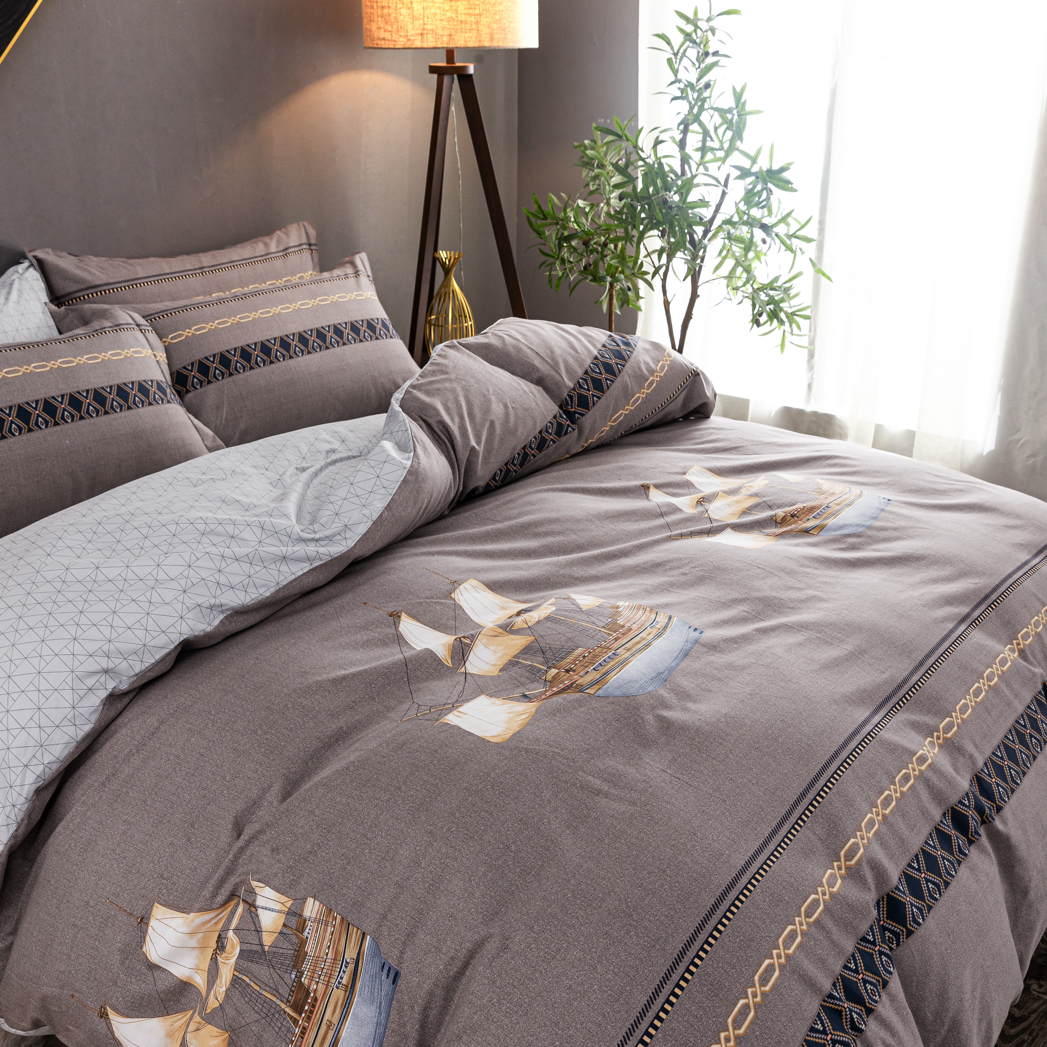 Cape No. 7 Brown Print 32s Thickened all-cotton Four-piece Set 200*230 details Picture