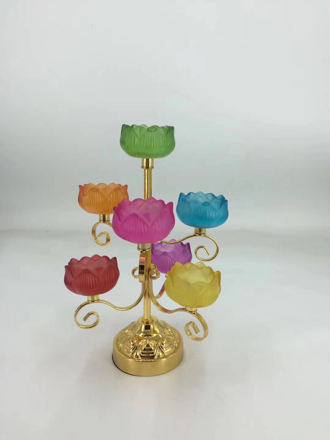 Seven-color glazed butter lotus lamp base, six-leaf lotus, eight treasures, auspicious, high-temperature resistant, windproof, long-lasting, offering lamp candlestick Specification image