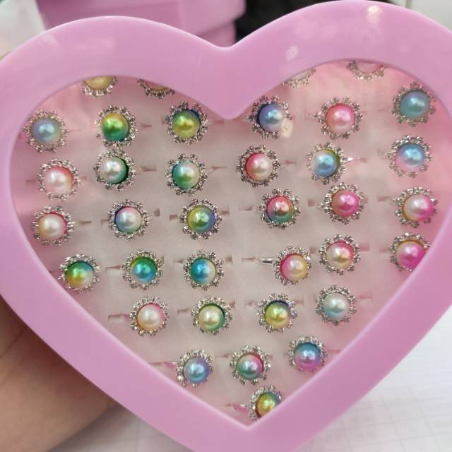 儿童饰品戒指女孩宝石水晶镶嵌戒指戒托可调节公主小玩具爱心盒装