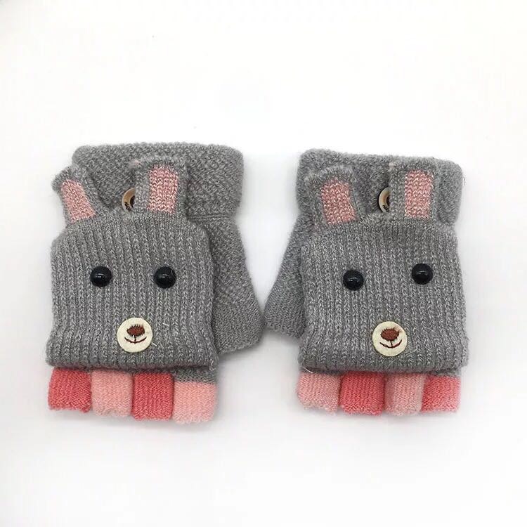 冬季新款卡通宝宝小兔翻盖针织手套 男女儿童小童半指包指两用手产品图