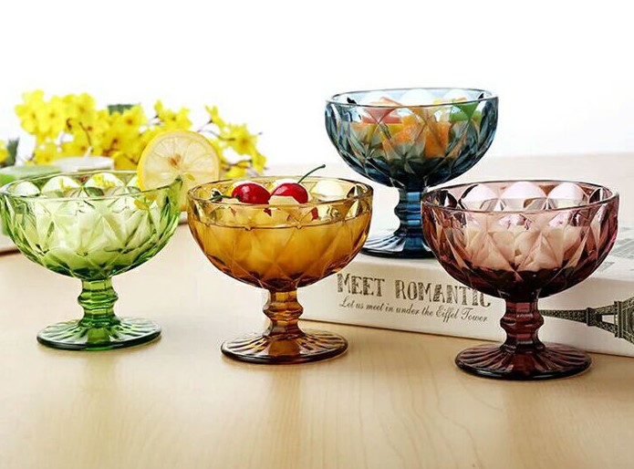 Factory direct sales of large rhombus-shaped creative European retro relief ice cream cups, ice cream bowls, dessert cups and glass highball cups
