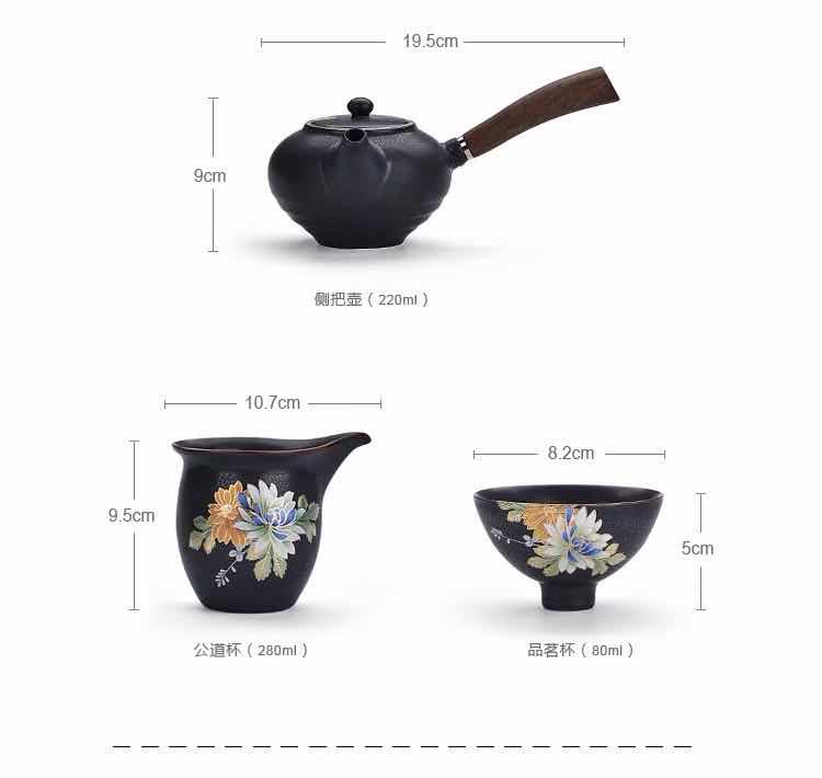 立体扒花复古黑陶家用茶具套装 功夫陶瓷侧把壶礼品茶具产品图