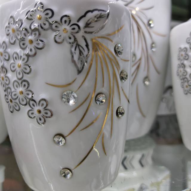 白色陶瓷糖罐茶罐，印花镶水晶细节图