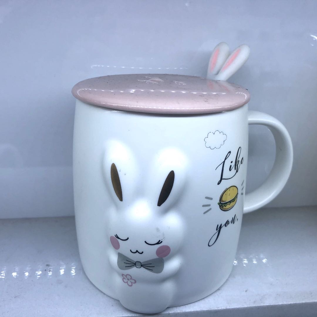 Cute rabbit ceramic mug for children with lid creative personality fashion mug for home milk breakfast coffee mug thumbnail