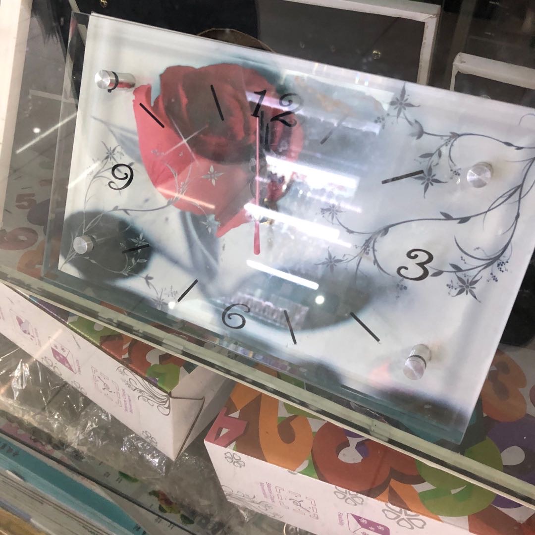 摆钟表长方形北欧简约现代个性客厅餐厅摆钟玫瑰花装饰画玻璃挂钟表静音