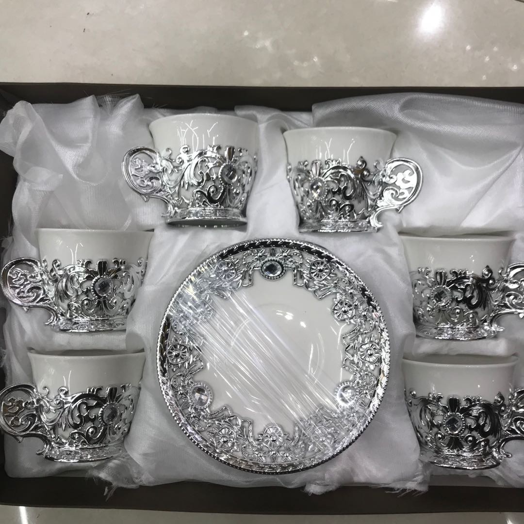 高档贴钻仿合金咖啡杯碟6杯6碟工艺盒包装产品图