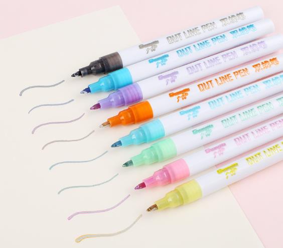 Metallic Color Outline Marker Pen, Water-Based Fantasy Double-Line Highlighter, DIY Painting Art Marker Set, Vibrant Colored Highlighters for Scrapbooking & Bullet Journal details Picture