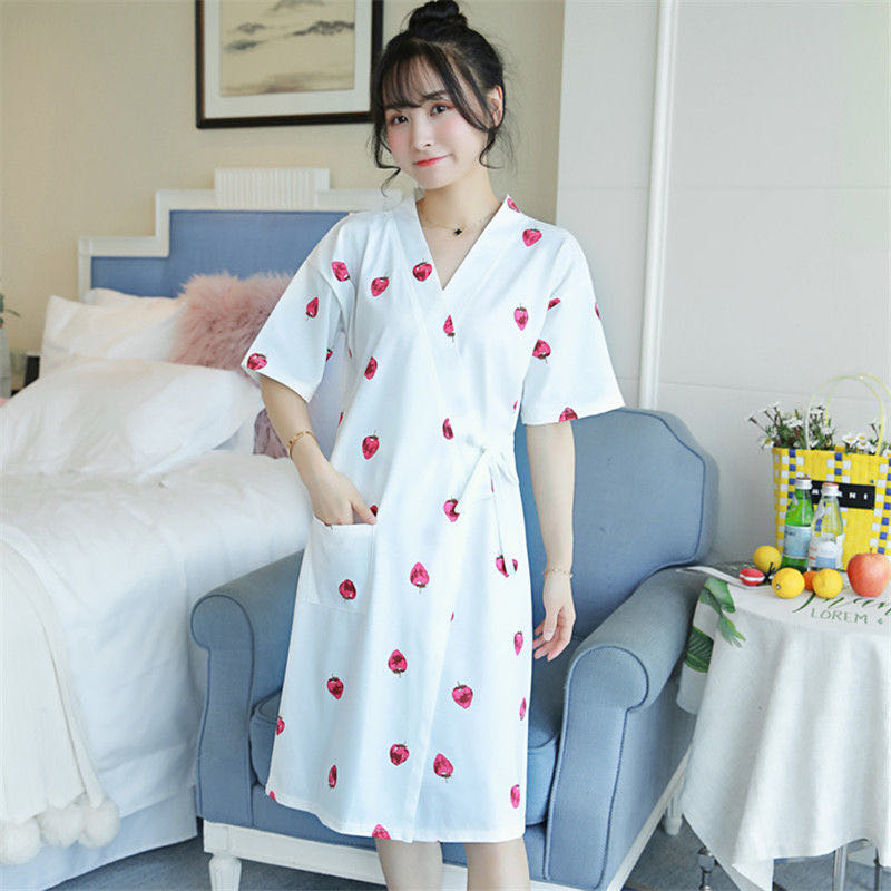 Women's Summer Cotton Bathrobe Women's Mid-Length Nightdress Kimono Strawberry Pajamas Day Light Home Wear