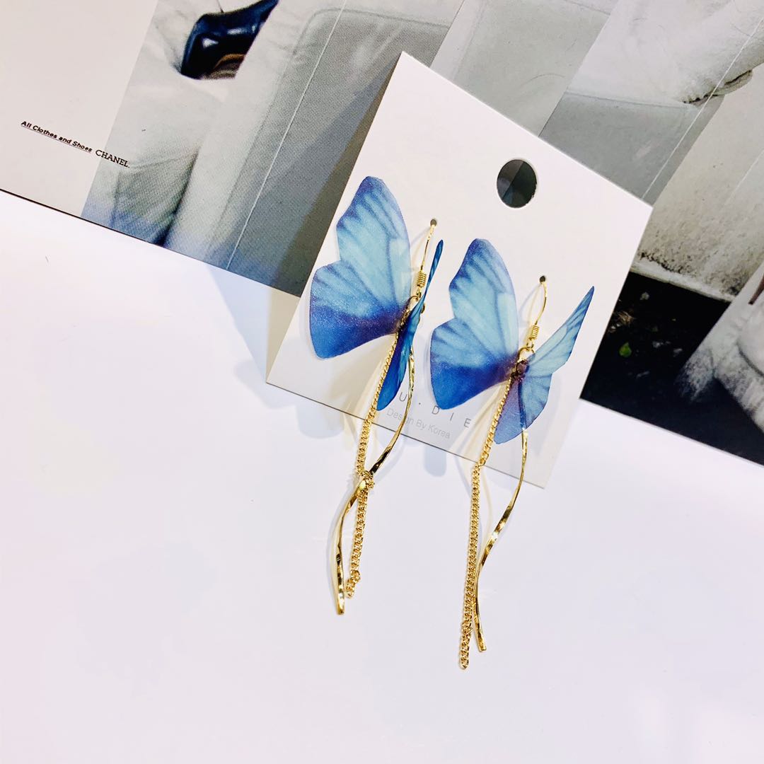 New Korean version of blue butterfly organa yarn earrings long tassel earrings lovely sweet wind fashion web celebrity earrings thumbnail