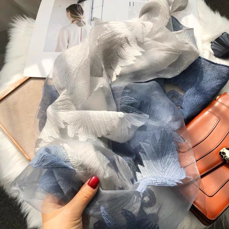 Fashionable, versatile, casual and elegant silk scarf in blue with flowers, long Korean style details Picture