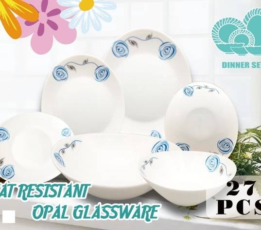 A set of 27 pieces of opal glass tableware with floral patterns