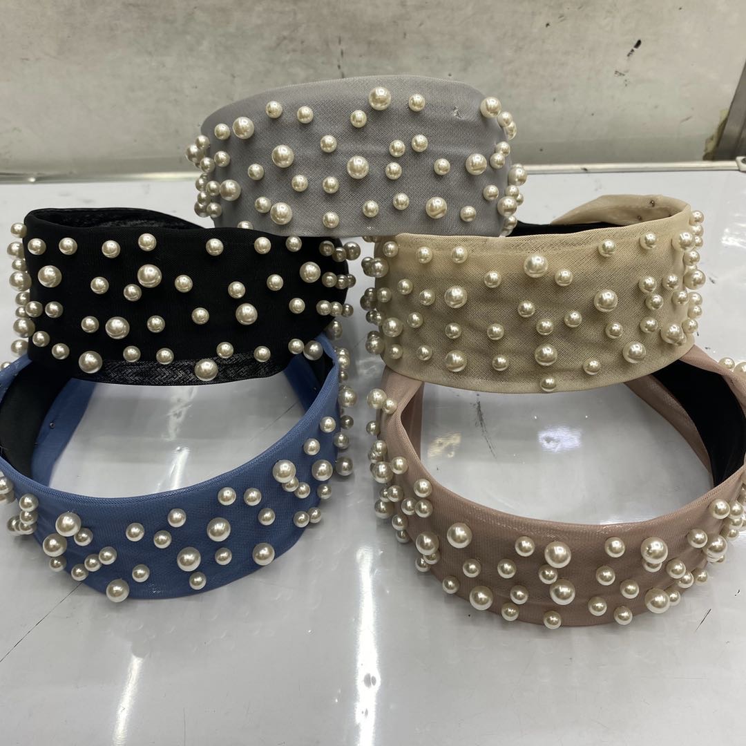 Venta caliente nuevo estilo de malla ensanchamiento de tela plástico pearl ladies head hoop details Picture