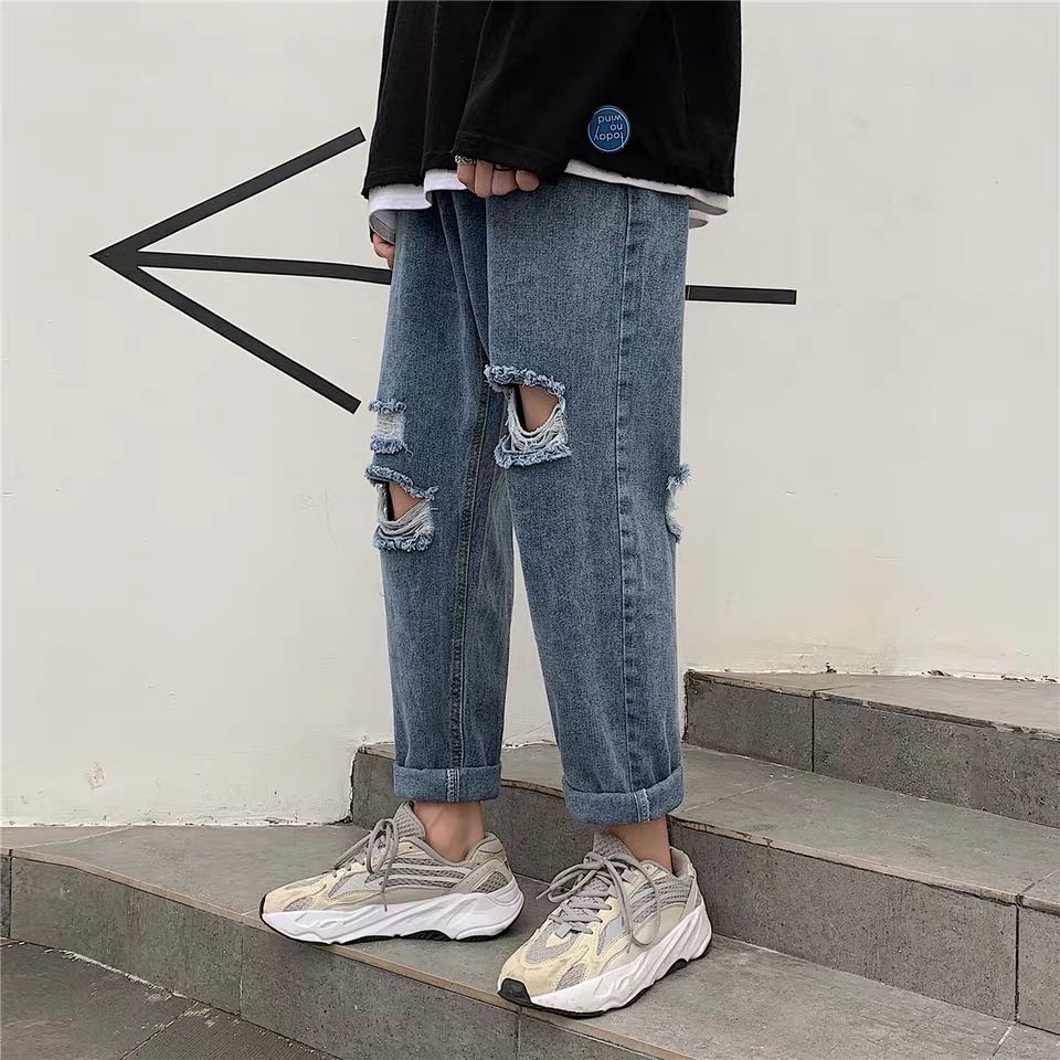 Men's instagram popular logo ripped jeans, straight leg, nine-minute jeans, Korean style for autumn, nine-minute beggar's trousers thumbnail