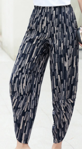 中年雨条印花哈伦裤女妈妈宽松休闲裤九分薄款直筒显瘦裤子