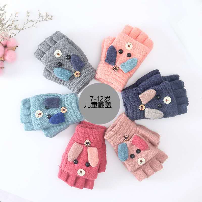 冬季加绒成年儿童保暖手套5-12岁学生卡通羊绒针织翻盖半指手套2细节图
