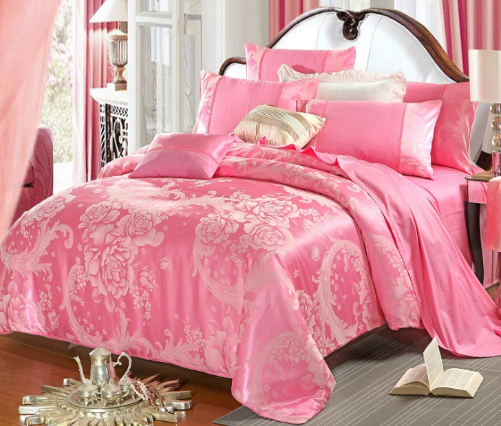 高档欧式粉色贡缎提花全棉四件套纯棉床单被套