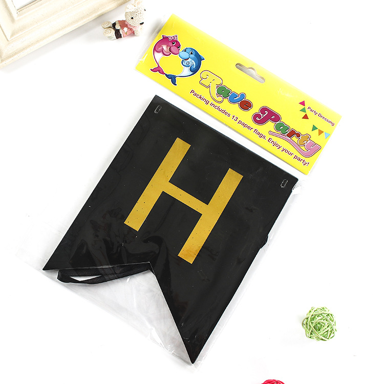 黑色烫金生日快乐鱼尾旗帜字母拉旗派对聚会装饰生日快乐道具