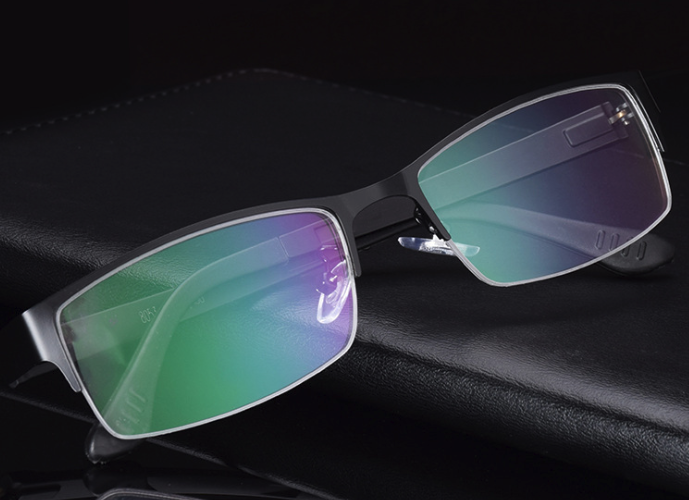 Metal half-frame glasses, myopic business men's flat glasses frame, square frame, TR temple, eye frame Specification image