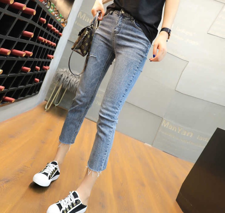 牛仔裤女宽松韩版学生显瘦破洞九分裤黑色直筒裤高腰复古阔腿裤子