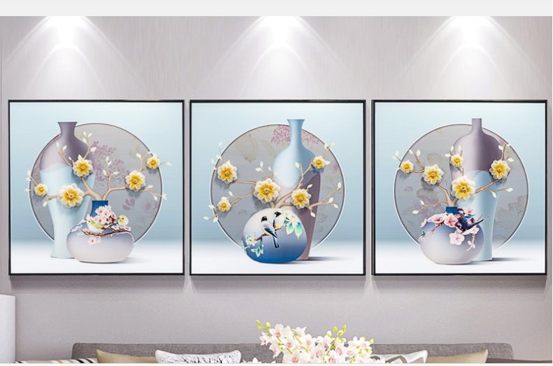 新中式客厅装饰画简约现代沙发背景挂画3d立体浮雕三联画餐厅壁画图
