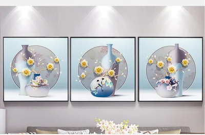 New Chinese Living Room Decorative Painting Simple Modern Sofa Background Hanging Painting 3D Three-Dimensional Relief Triptych Restaurant Mural