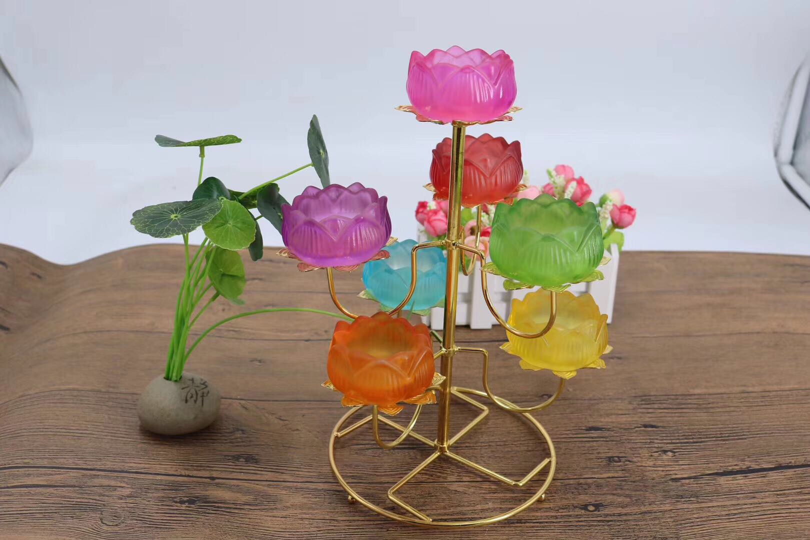 七彩琉璃酥油莲花灯座六叶莲花八宝吉祥耐高温防风长明供灯烛台