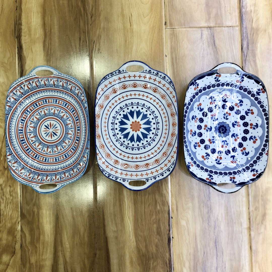 厂家直销民族ins风11寸长方形双耳烤盘产品图