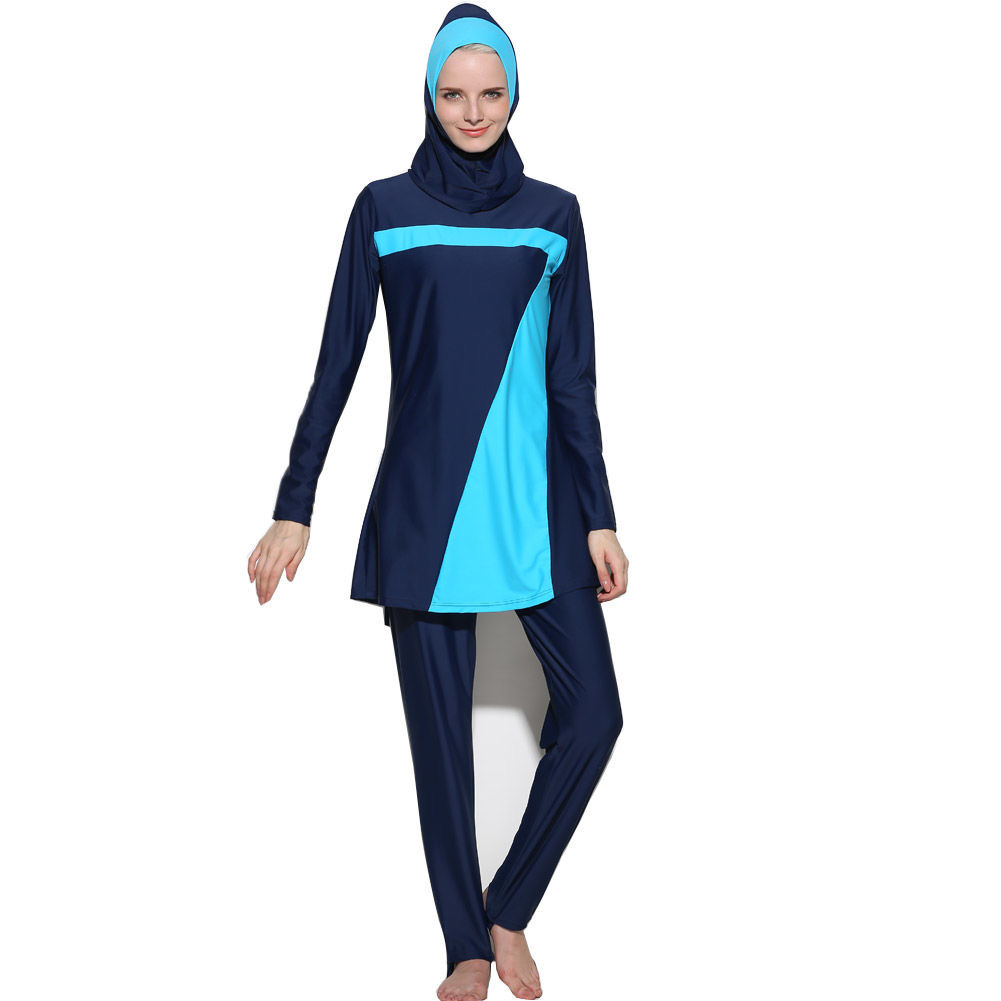 Long Sleeve Color Matching Muslim Swimsuit Plus Size Conservative Sun Protection Beach Spa Bathing Suit