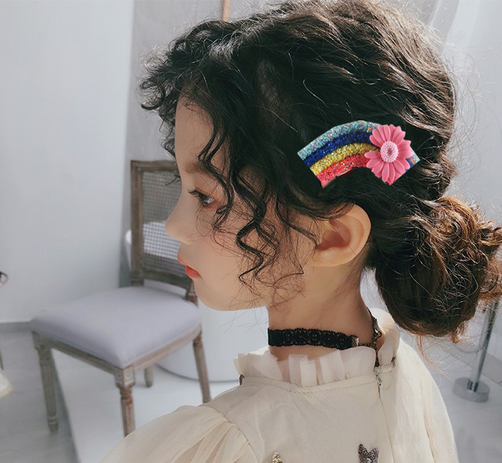 新款韩版彩虹雏菊发夹 超闪彩虹亮片管发夹儿童亮片闪闪发饰新边夹发卡头饰发饰少女刘海蝴蝶结发夹图