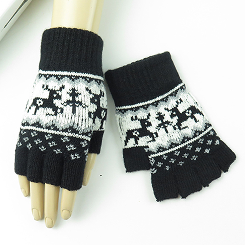 秋冬季女士毛线保暖手套提花双鹿加绒半指工作写打字