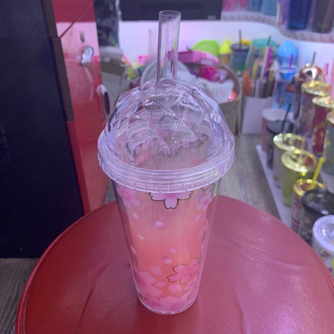 杯子水杯创意杯喝水杯简约时尚粉色带吸管杯具