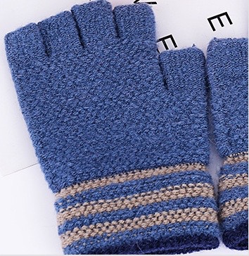 冬季蓝色针织半指保暖手套 韩版毛线加绒手套