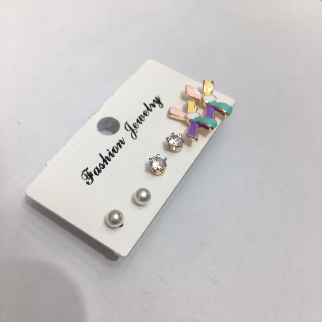 时尚简约气质蝴蝶结珍珠锆石镶嵌合金耳钉套装厂家直销细节图