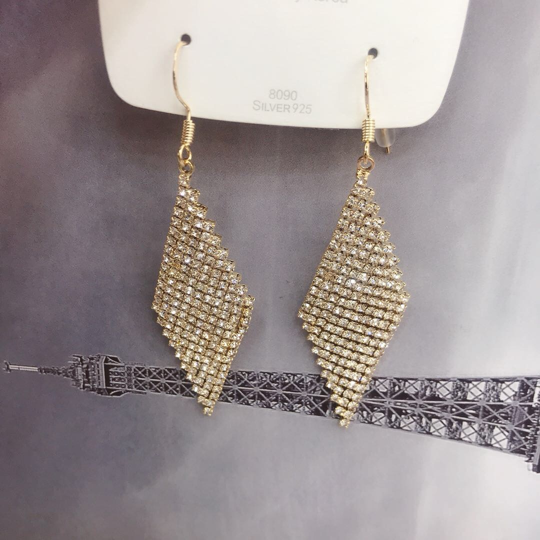 Light luxury full-diamond earrings in geometric rhombus shape, elegant long earrings Specification image